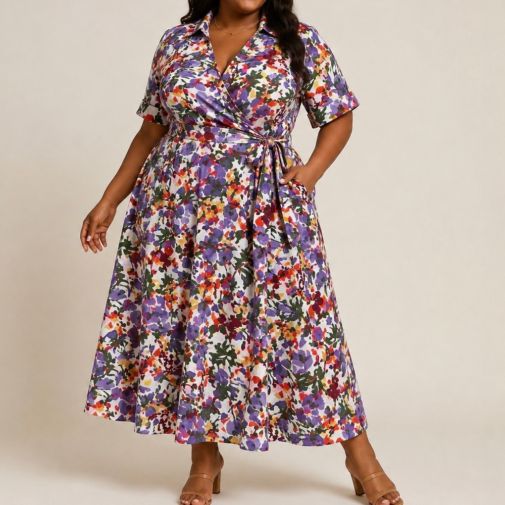 NWT Vintage JG Hook 100% Linen Floral Wrap Midi Dress 18W Multicolor Pockets
